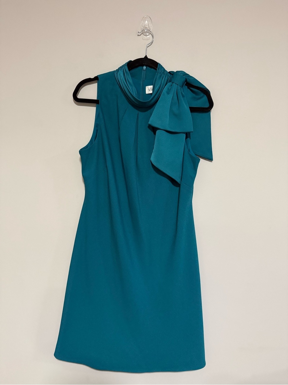 Eliza J Sleeveless Teal Bow Accent High Neck Crepe Dress Size 12 Garden Party